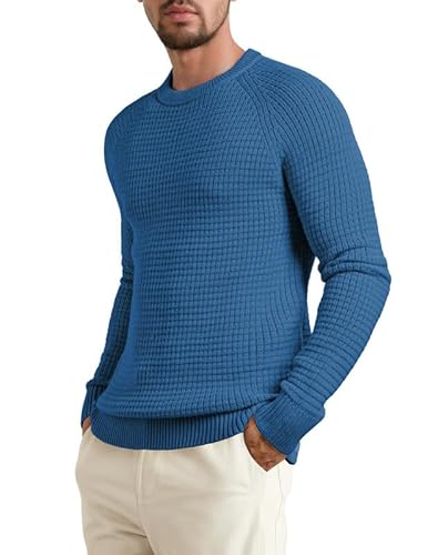 Elegancity Herren Rundrals Pullover Blau Grobstrick Pulli Warm Waffel Strickpullover Regular Fit Freizeit Sweatshirts XL von Elegancity