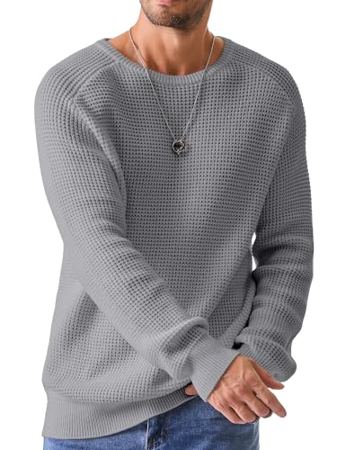Elegancity Herren Rundrals Pullover Grau Einfarbig Strickpullover Loose Fit Grobstrick Pulli Warm Sweater Langarmshirt M von Elegancity
