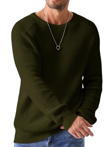 Elegancity Herren Rundrals Pullover Grün Einfarbig Strickpullover Loose Fit Grobstrick Pulli Warm Sweater Langarmshirt L von Elegancity
