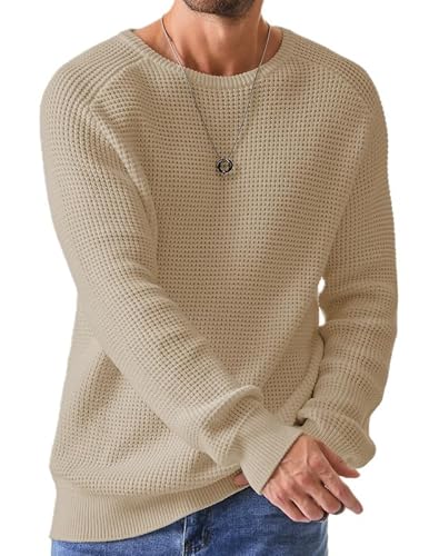 Elegancity Herren Rundrals Pullover Khaki Einfarbig Strickpullover Loose Fit Grobstrick Pulli Warm Sweater Langarmshirt S von Elegancity