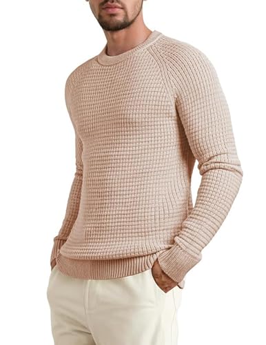 Elegancity Herren Rundrals Pullover Khaki Grobstrick Pulli Warm Waffel Strickpullover Regular Fit Freizeit Sweatshirts S von Elegancity