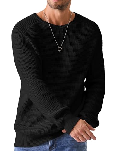 Elegancity Herren Rundrals Pullover Schwarz Einfarbig Strickpullover Loose Fit Grobstrick Pulli Warm Sweater Langarmshirt L von Elegancity