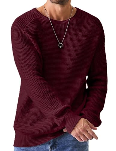 Elegancity Herren Rundrals Pullover Weinrot Einfarbig Strickpullover Loose Fit Grobstrick Pulli Warm Sweater Langarmshirt S von Elegancity