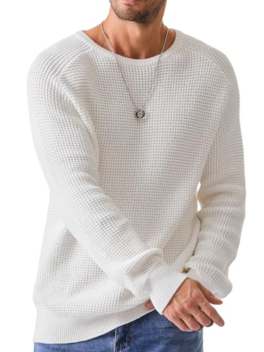 Elegancity Herren Rundrals Pullover Weiß Einfarbig Strickpullover Loose Fit Grobstrick Pulli Warm Sweater Langarmshirt S von Elegancity