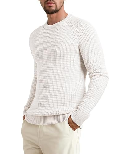 Elegancity Herren Rundrals Pullover Weiß Grobstrick Pulli Warm Waffel Strickpullover Regular Fit Freizeit Sweatshirts S von Elegancity