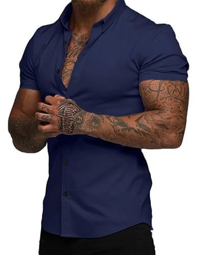 Elegancity Herren Sommerhemd Dunkelblau Kurzarm Atmungsaktiv Freizeithemd Elastische Businesshemd Bügelfrei Shirt Faltenfreie Kurzarmhemden Button Down 3XL von Elegancity