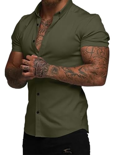 Elegancity Herren Sommerhemd Grün Kurzarm Atmungsaktiv Freizeithemd Elastische Businesshemd Bügelfrei Shirt Faltenfreie Kurzarmhemden Button Down XL von Elegancity