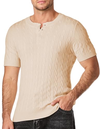 Elegancity Herren Strick T-Shirt Sommer Henley Shirts Herren Kurzarm Casual Basic Button Zopfmuster Kurzarmpullover, Aprikose 3XL von Elegancity