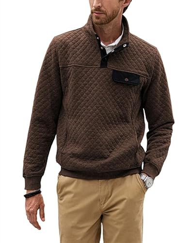 Elegancity Herren Sweatshirt Pullover Casual Langarm Outdoor Knopf Troyer Pulli Rautenmuster mit Stehkragen und Knopfverschluss Braun，XXL von Elegancity