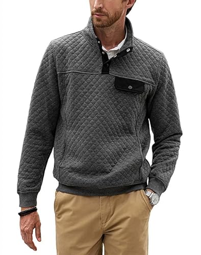 Elegancity Herren Sweatshirt Pullover Casual Langarm Outdoor Knopf Troyer Pulli Rautenmuster mit Stehkragen und Knopfverschluss Grau，XL von Elegancity