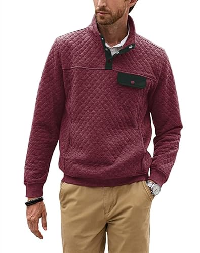 Elegancity Herren Sweatshirt Pullover Casual Langarm Outdoor Knopf Troyer Pulli Rautenmuster mit Stehkragen und Knopfverschluss Rot，XL von Elegancity