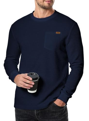 Elegancity Herren Sweatshirts Langarm Pullover Einfarbig Langarmshirt Casual Classic Shirts Waffle Hoodie Sweatpullover Winter Herbst Frühling Blau XL von Elegancity