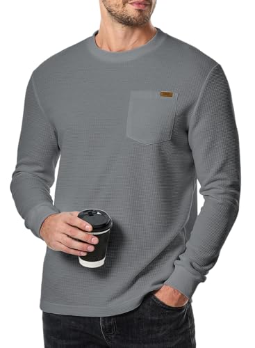 Elegancity Herren Sweatshirts Langarm Pullover Einfarbig Langarmshirt Casual Classic Shirts Waffle Hoodie Sweatpullover Winter Herbst Frühling Grau 2XL von Elegancity