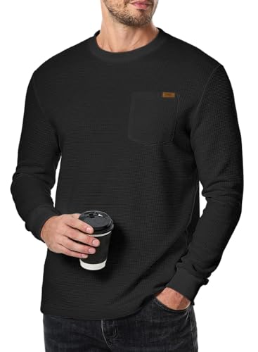 Elegancity Herren Sweatshirts Langarm Pullover Einfarbig Langarmshirt Casual Classic Shirts Waffle Hoodie Sweatpullover Winter Herbst Frühling Schwarz L von Elegancity