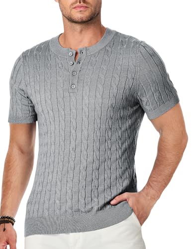 Elegancity Herren T-Shirt Strick Henley Shirt Kurzarm Basic Sommer Button Tshirts für Herren Slim Fit Muscle Leichte Pullover,Grau XXL von Elegancity
