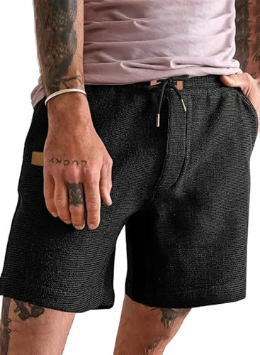 Elegancity Herren Waffeln Shorts Schwarz Sport Kurze Hosen Elastische Taille Baggy Strandshorts Mit 4 Taschen XXL von Elegancity