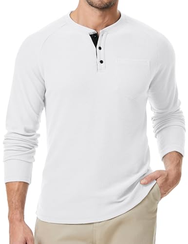 Elegancity Herren Waffle Henley Shirt Weiß Langarm Freizeit T-Shirt Activewear Pullover Basic Einfarbig Pullover Slim Fit Mit Tasche XL von Elegancity