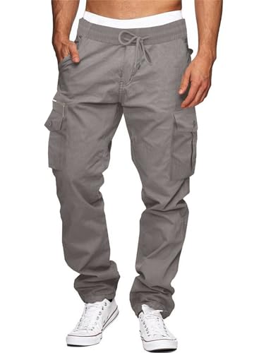 Elegancity Hosen Herren Cargo Baumwolle Outdoorhose Lange Baggy Hose Jogginghose Herren Freizeithose Pants Hell Grau XL von Elegancity