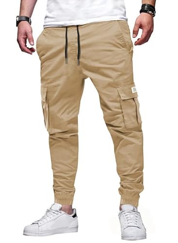 Elegancity Jogginghose Herren Aprikose Cargohose Einfarbig Hose Männer Causal Sporthose Elastische Freizeithose mit 6 Tasche L von Elegancity