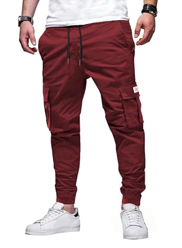 Elegancity Jogginghose Herren Cargohose Einfarbige Hose Causal Sporthose Elastische Freizeithose Männer mit 6 Tasche Biken Rot,L von Elegancity