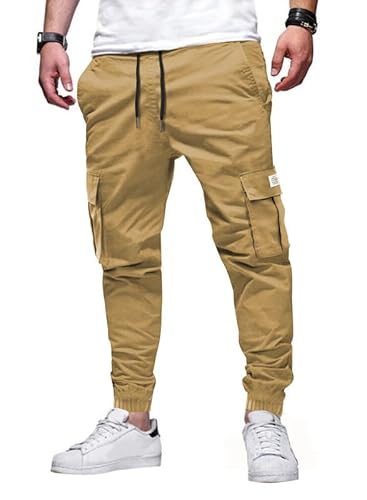 Elegancity Jogginghose Herren Camel Cargohose Einfarbig Hose Männer Causal Sporthose Elastische Freizeithose mit 6 Tasche XL von Elegancity