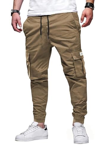 Elegancity Jogginghose Herren Cargohose Braun Einfarbige Hose Männer Causal Sporthose Elastische Freizeithose mit 6 Tasche S von Elegancity