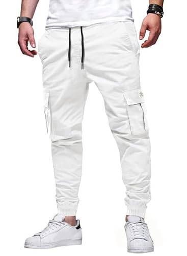 Elegancity Jogginghose Herren Cargohose Weiß Einfarbige Hose Causal Sporthose Elastische Freizeithose Männer mit 6 Tasche L von Elegancity