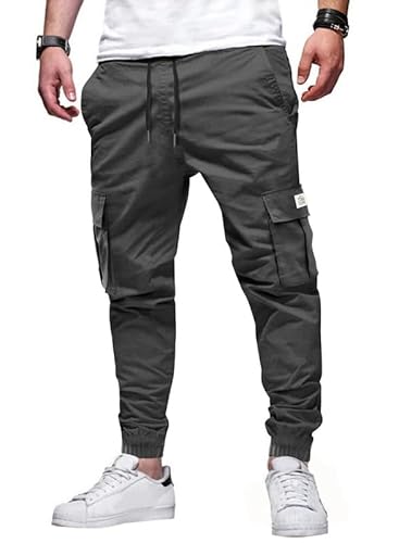 Elegancity Jogginghose Herren Cargohose Dunkelgrau Einfarbige Hose Männer Causal Sporthose Elastische Freizeithose mit 6 Tasche XL von Elegancity