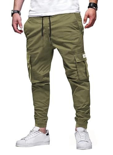Elegancity Jogginghose Herren Cargohose Pickle Grün Einfarbige Hose Männer Causal Sporthose Elastische Freizeithose mit 6 Tasche S von Elegancity