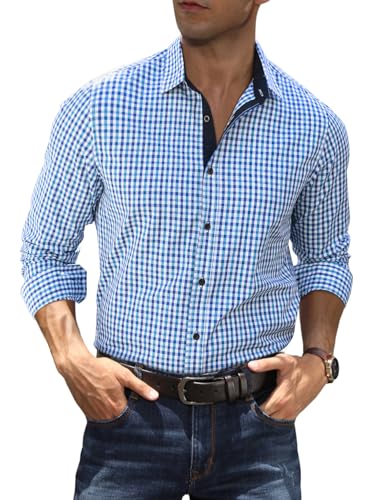 Elegancity Kariertes Hemd Herren Langarm Trachtenhemd Oktoberfest Freizeithemd Karohemden Herrenhemden mit 100% Baumwolle Kent-Kragen Blau, XXXL von Elegancity