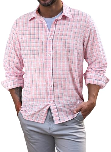 Elegancity Kariertes Hemd Herren Langarm Trachtenhemd Oktoberfest Freizeithemd Karohemden Herrenhemden mit Kent-Kragen 100% Baumwolle Rosa, L von Elegancity