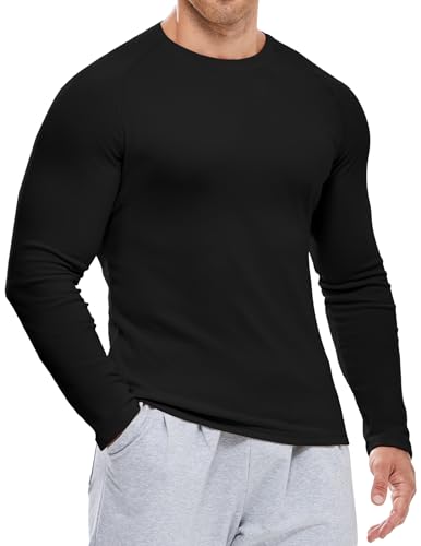 Elegancity Langarm T-Shirt Herren Rundhals Dralon gefüttertes Schwarz Langarmshirts für Herren Basic Herbst Winter Unterhemd Shirt Gym Sportshirts, Schwarz XL von Elegancity