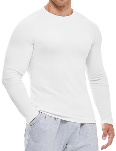 Elegancity Langarm T-Shirt Herren Rundhals Dralon gefüttertes Weiß T-Shirts für Herren Basic Herbst Winter Unterhemd Shirt Gym Sportshirts, Weiß XL von Elegancity