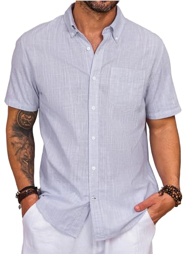 Elegancity Leinenhemd Herren Kurzarm Hemd Button Down Regular Fit Freizeithemden Sommer Strand Leinen Shirt Casual Businesshemd mit Taschen Ashleigh Blau, XXL von Elegancity