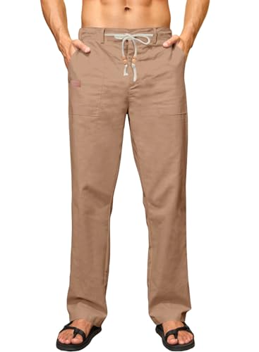 Elegancity Leinenhose Herren Sommerhose Yogahose Leichte Baggy Jogginghose Lang Stoffhose Herrenhosen Urlaub Freizeithose mit Kordelzug und Taschen Khaki, M von Elegancity