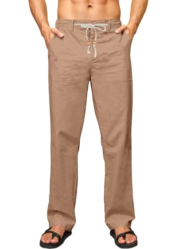 Elegancity Leinenhose Herren Sommerhose Yogahose Leichte Baggy Jogginghose Lang Stoffhose Herrenhosen Urlaub Freizeithose mit Kordelzug und Taschen Khaki XXL von Elegancity