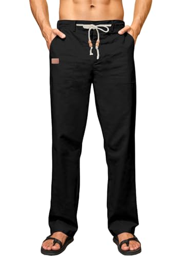 Elegancity Leinenhose Herren Sommerhose Yogahose Leichte Baggy Jogginghose Lang Stoffhose Herrenhosen Urlaub Freizeithose mit Kordelzug und Taschen Schwarz XL von Elegancity