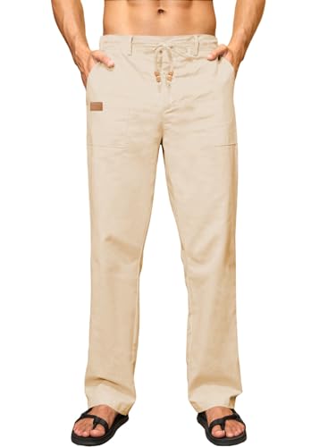 Elegancity Leinenhose Herren Sommerhose Yogahose Leichte Baggy Jogginghose Lang Stoffhose Herrenhosen Urlaub Freizeithose mit Kordelzug und Taschen Aprikose M von Elegancity