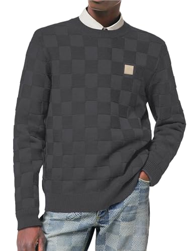 Elegancity Pullover Herren Rundhalsausschnitt Karierter Pullover Langarm Herbst Schachbrett Strickpullover Regular Fit Dunkelgrau L von Elegancity