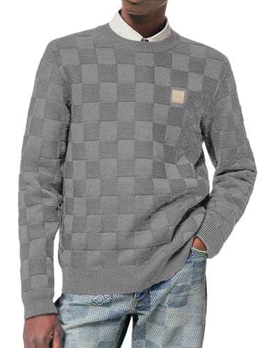 Elegancity Pullover Herren Rundhalsausschnitt Karierter Pullover Langarm Herbst Schachbrett Strickpullover Regular Fit Hellgrau L von Elegancity