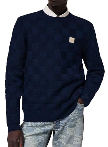Elegancity Pullover Herren Rundhalsausschnitt Karierter Pullover Langarm Winter Schachbrett Strickpullover Regular Fit Marineblau XXL von Elegancity