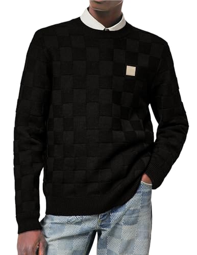 Elegancity Pullover Herren Rundhalsausschnitt Karierter Pullover Langarm Winter Schachbrett Strickpullover Regular Fit Schwarz XXL von Elegancity