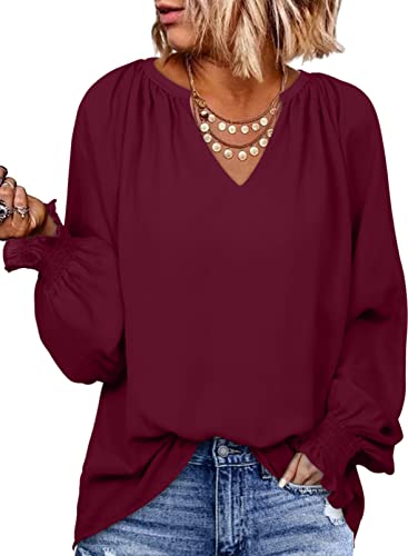 Elegancity Rot Bluse Damen Chiffon Langarm Tunika V Ausschnitt Hemd Casual mit Laternenärmel Gesmokt Blusen Einfarbig S von Elegancity