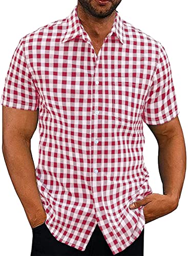 Elegancity Rotes Hemd Herren Kariertes Sommerhemd Kurzarm Freizeithemd Regular Fit für Männer 100% Baumwolle M von Elegancity