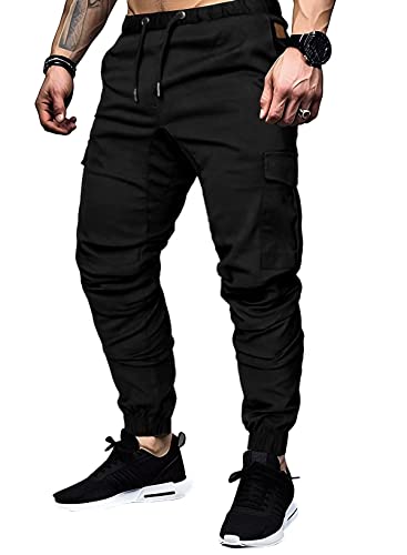 Elegancity Schwarze Cargohose Herren Chino Hose mit 6 Taschen Cargo Hose Stretch Jogginghose für Männer mit Bundgummi Elastische Hosen S von Elegancity