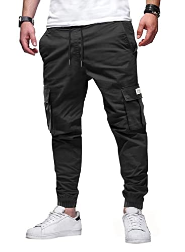 Elegancity Schwarze Jogginghose Herren Cargohose Einfarbig Hose Männer Causal Sporthose Elastische Freizeithose mit 6 Tasche L von Elegancity