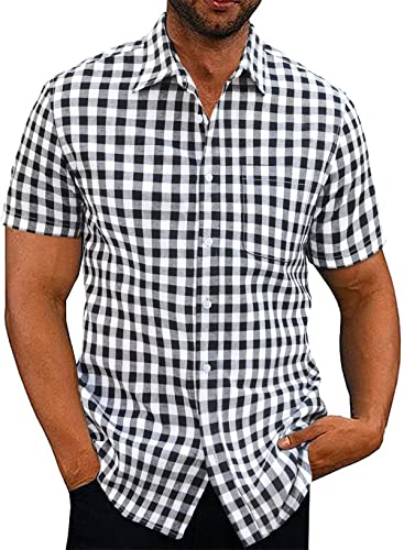 Elegancity Schwarzes Hemd Herren Kariertes Sommerhemd Kurzarm Freizeithemd Regular Fit für Männer 100% Baumwolle M von Elegancity