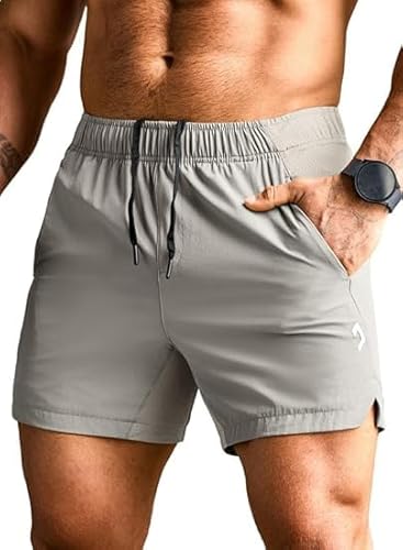 Elegancity Sporthose Kurze Herren Sommer Kurze Hosen Sport Shorts Stretch Jogginghose Leichte Freizeithose Atmungsaktive Schnelltrockende Hose für Männer mit Tunnelzug Reißverschlusstasche Hellgrau, S von Elegancity