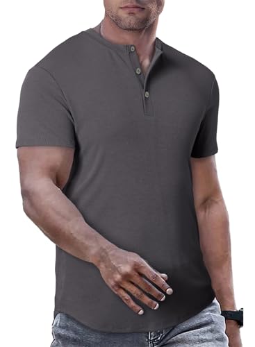Elegancity T-Shirts Herren Henley Shirt Kurzarm Muscle Slim Fit Sommer Herren Basic Button T-Shirt Tops,Dunkelgrau S von Elegancity