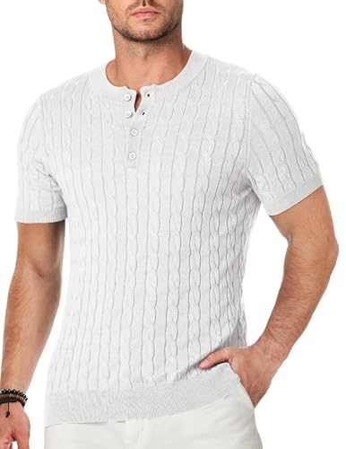 Elegancity T-Shirts Herren Henley Shirt Kurzarm Strick T-Shirt Sommer Basic Herren Button Muscle Pullover mit Zopfmuster,Weiß XL von Elegancity